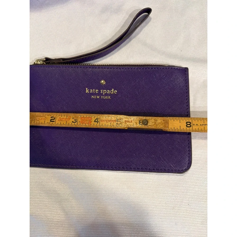 Kate Spade Purple Saffiano Leather Wristlet Pouch Gold Logo Zip Top Small Clutch